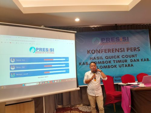 Manager Data dan Riset PRESiSI, Chandra, saat konferensi pers hasil quick count Pilkada KLU, Rabu 27 November 2024 di Mataram. (Iba)