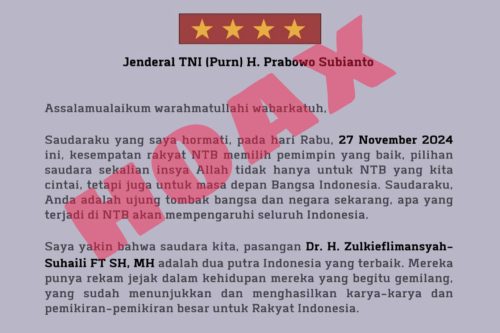 Surat dukungan untuk Zul-Uhel dari Ketua Umum DPP Partai Gerindra Prabowo Subianto hoax. (Iba/Ist)