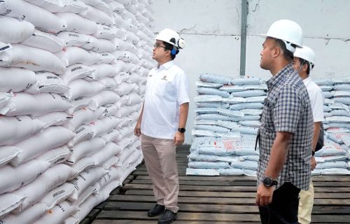 Senior Vice President Administrasi Keuangan Pupuk Iskandar Muda (PIM) Syahrul Kamal, didampingi Vice President Mitra Bisnis Pemasaran PIM R. Mustaqim saat mengecek ketersediaan pupuk. (Iba/Ist/RRI)