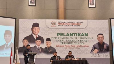 Ketua Umum Pemuda Tani NTB Abdul Robby Syahril saat memberikan sambutan pada pelantikan yang digelar, Minggu 9 Februari 2025 di Mataram. (Iba)