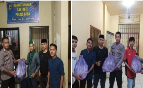 Ketua HMI MPO Badko Bali Nusra menyerahkan paket takjil untuk tahanan Polres Bima Kota dan Kabupaten, Jumat 21 Maret 2025. (Iba)