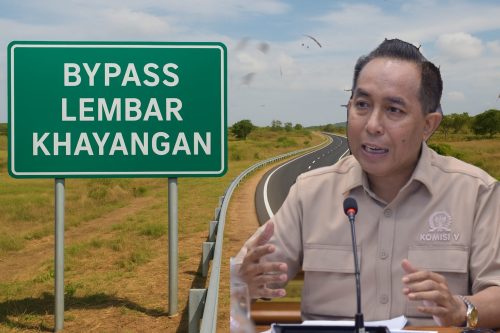 Anggota Komisi V DPR RI Mori Hanafi berlatar ilustrasi jalan Bypass Lembar Khayangan. (Iba)