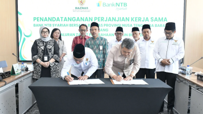 Bank NTB Syariah resmi menandatangani perjanjian kerja sama dengan Badan Amil Zakat Nasional (Baznas) Provinsi Nusa Tenggara Barat (NTB) dalam upaya memperluas jangkauan penyaluran dana zakat yang lebih efektif, transparan, dan tepat sasaran. (Iba)