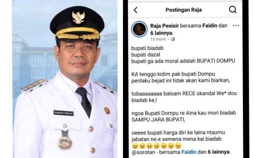 Postingan akun Facebook bernama @Raja Pesisir menduga Bupati Dompu Bambang Firdaus berselingkuh dengan istri orang. (Iba)