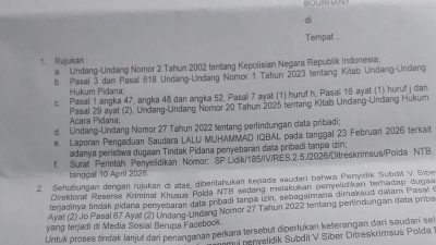 Surat panggilan Polda NTB untuk Direktur NTB Care Rohyatil Wahyuni Bouharny. (Iba/Ist)