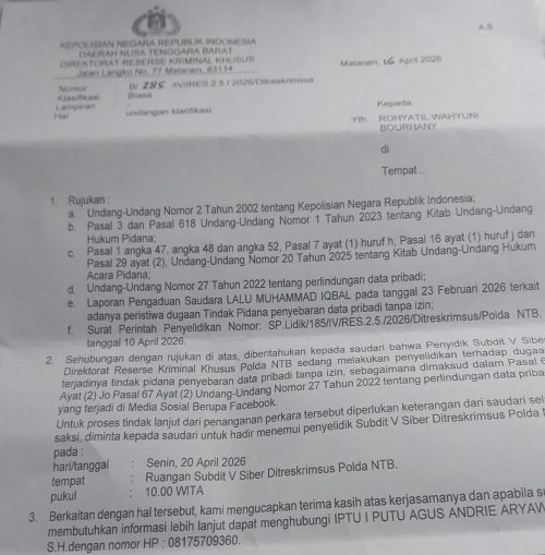 Surat panggilan Polda NTB untuk Direktur NTB Care Rohyatil Wahyuni Bouharny. (Iba/Ist)