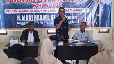 Anggota MPR RI Mori Hanafi saat menggelar sosialisasi 4 pilar MPRI di Kota Bima, Sabtu 16 Mei 2026 pagi. (Iba)