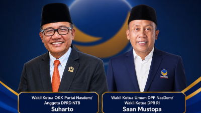 Wakil Ketua OKK DPW Partai NasDem NTB Suharto (kiri) dan Wakil Ketua Umum DPP Partai NasDem Saan Mustopa. (Iba)