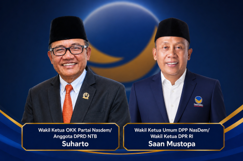 Wakil Ketua OKK DPW Partai NasDem NTB Suharto (kiri) dan Wakil Ketua Umum DPP Partai NasDem Saan Mustopa. (Iba)