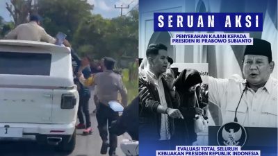 Ketua DPM Unram Maulana saat menghadang Presiden Prabowo dan langsung menyerahkan tuntutan mereka (gambar kiri) dan flayer kajian DPM Unram. (Iba)