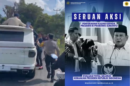 Ketua DPM Unram Maulana saat menghadang Presiden Prabowo dan langsung menyerahkan tuntutan mereka (gambar kiri) dan flayer kajian DPM Unram. (Iba)