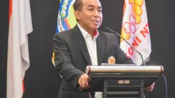 Ketua Umum KONI NTB Mori Hanafi saat memberikan sambutan pada Musorprov yang digelar, Minggu 30 Agustus 2026 di Hotel Lombok Raya. (Iba)