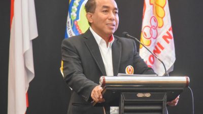 Ketua Umum KONI NTB Mori Hanafi saat memberikan sambutan pada Musorprov yang digelar, Minggu 30 Agustus 2026 di Hotel Lombok Raya. (Iba)