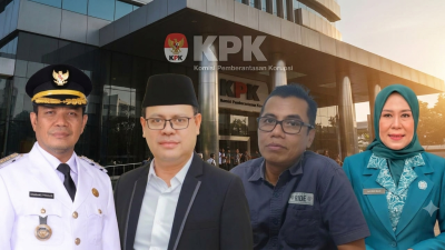 (Dari kiri) Bupati Dompu Bambang Firdaus, Wakil Ketua DPRD Kabupaten Dompu Kurnia Ramadhan paman Bupati, Ketua KONI Kabupaten Dompu Asrullah orang kepercayaan Bupati serta Onti Farianti yang disebut sebagai istri Bupati Dompu sekaligus Ketua TP-PKK Kabupaten Dompu dilaporkan ke KPK Jakarta. (Iba)