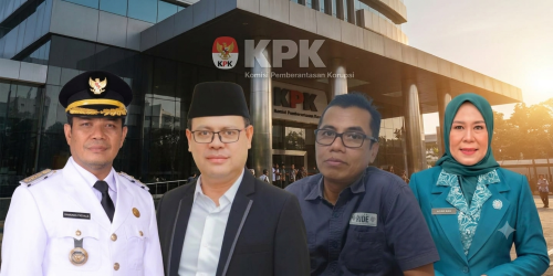 (Dari kiri) Bupati Dompu Bambang Firdaus, Wakil Ketua DPRD Kabupaten Dompu Kurnia Ramadhan paman Bupati, Ketua KONI Kabupaten Dompu Asrullah orang kepercayaan Bupati serta Onti Farianti yang disebut sebagai istri Bupati Dompu sekaligus Ketua TP-PKK Kabupaten Dompu dilaporkan ke KPK Jakarta. (Iba)